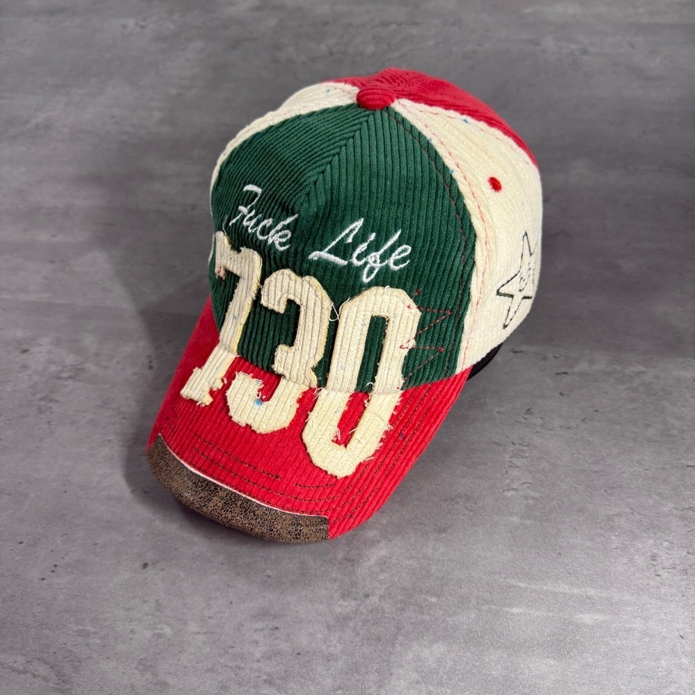 Asspizza‎ Hat F*** Life Red Green Corduroy 730 Austin Babbitt Distressed Patch